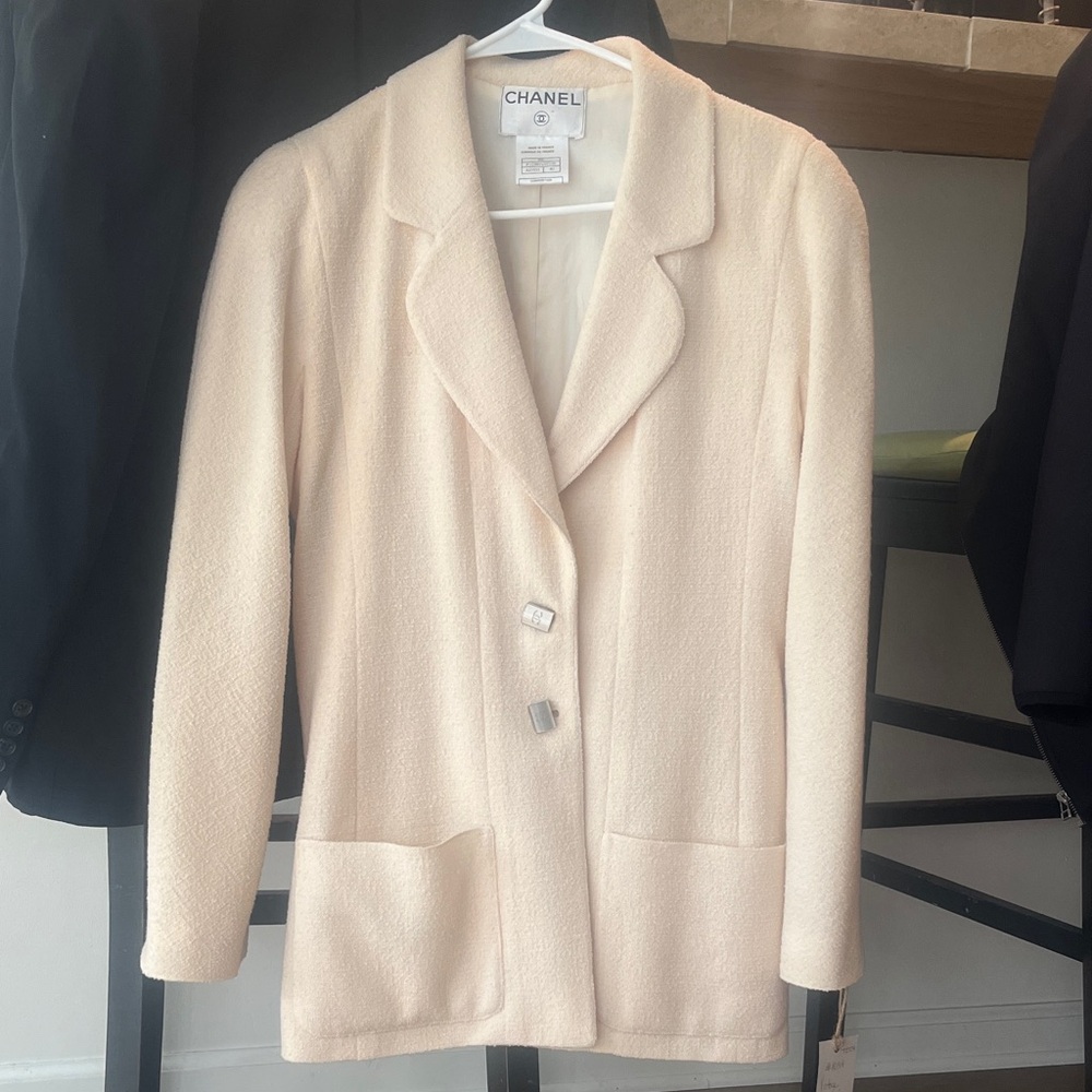 CHANEL Cream Textured Wool Blazer Jacket with Signature Buttons and skirt